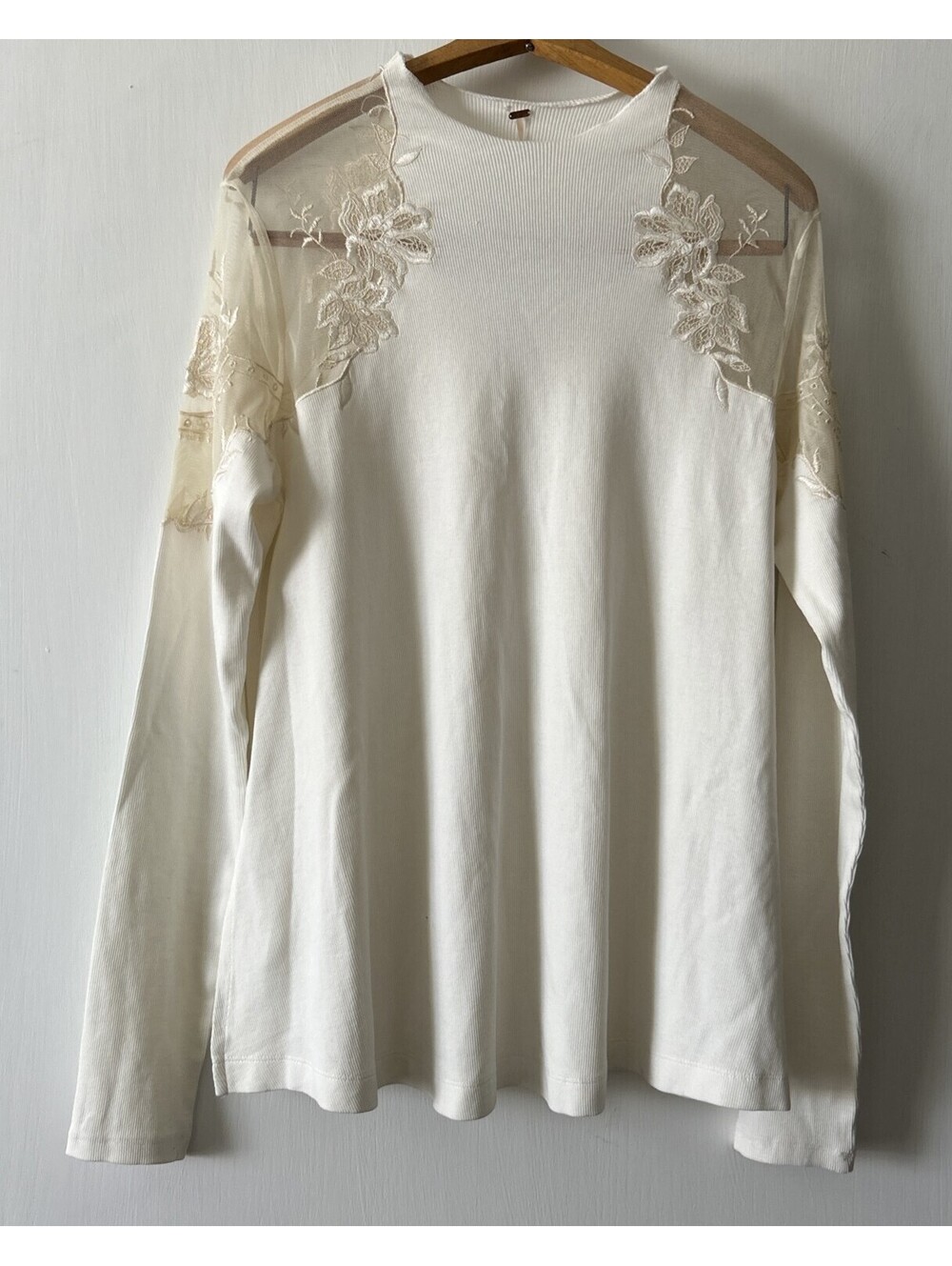 Free People Daniella Lace Top Ribbed Knit Cream Womens Size L NWT